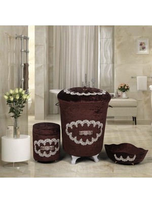 Bonny Home Galaxy Kahve 3'lü Kadife Çeyizlik Dantelli Banyo Kirli Çamaşır Sepeti Seti