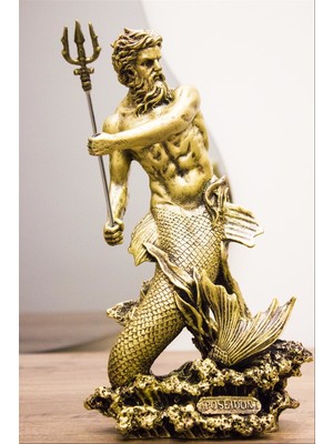 Poseidon Biblo Gold 30 cm Tasarım Mitolojik Heykel Ev Dekor