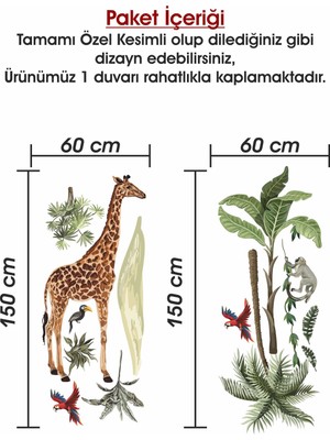 Msticker Safari Tropikal Hayvanlar ve Ağaçlar Çocuk Bebek Odası Duvar Sticker