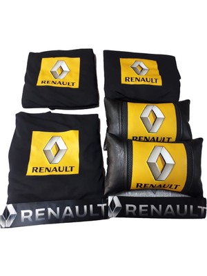 Sekutuning Renault Sarı Baskılı Siyah Penye Servis Kılıfı 2 Adet Kemerlik ve 2 Adet Deri Yastık
