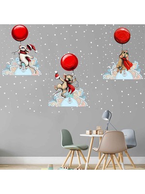 Kt Decoration Kırmızı Balonlu Tavşanlar ve Kar Taneleri Mega Duvar Sticker Seti