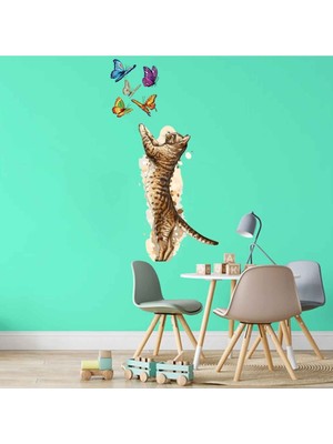 Kt Decoration Kedi ve Kelebekler El Çizimi Duvar Sticker Seti