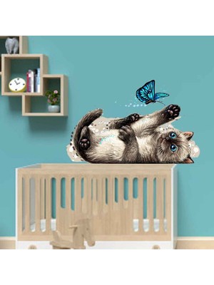Kt Decoration Oyun Arkadaşları Kedi ve Kelebek Sulu Boya Duvar Sticker