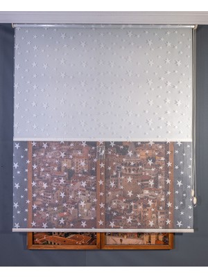 Aniper Çift Mekanizmalı Kırık Beyaz Yıldız Desenli Tül Stor Perde 80 x 200 cm