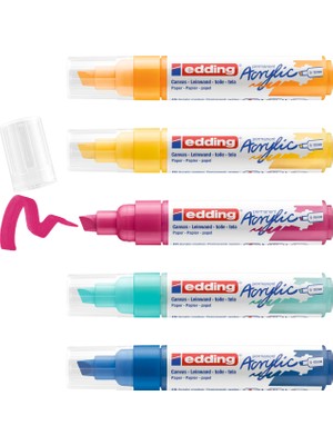 Edding 5000 Kalın Uçlu Akrilik Markör 5’Li Paket (Soyut)- Sarı Mavi Pembe Turkuaz - 5-10 Mm’Lik Kesik Uç