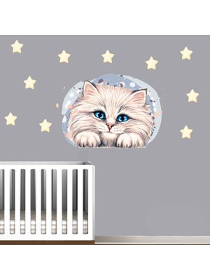 Kt Decoration Yavru Kedi ve Yıldızlar Sulu Boya Duvar Sticker Seti