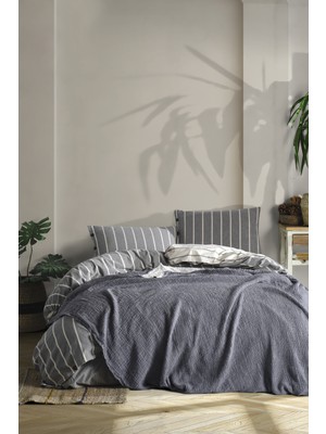 Berolige 4 Kat Müslin  Pamuklu Iplik Boya Çift Kişilik Pike - Yatak Örtüsü - Yastıksız Lacivert