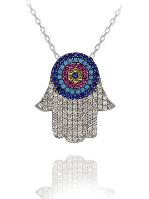 Nazar Boncuklu Fatma Eli Gümüş Kolye