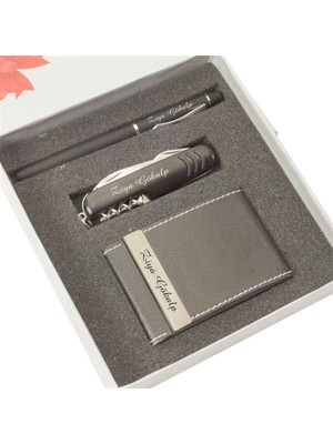 Hediye Rengi İsme Özel Exclusive Kartvizitlik Çakı Ve Kalem Seti Siyah