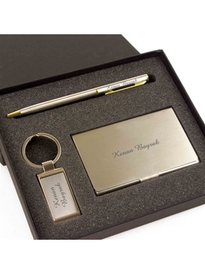 Hediye Rengi İsme Özel Lüx Kartvizitlik Anahtarlık Ve Kalem Seti Gümüş Renk
