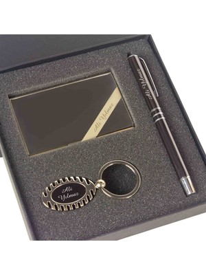 Hediye Rengi Yeni İş Tebriği İsme Özel Lüx Kartvizitlik Anahtarlık Ve Kalem Seti Metal Tasarım