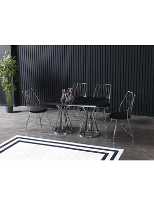 Ressahome Meyra 4 Kişilik Siyah Mermerli Mutfak Masası Takımı Gümüş Baklava 80 x 120 cm