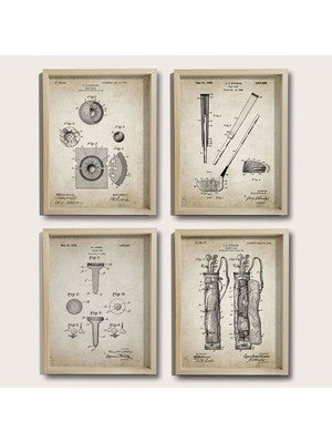 DekorLoft Doğal Çam Çerçeveli Duvar Tablosu Antik Golf Patent Seti 1905 Yılı