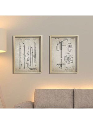 Dekor Loft Doğal Çam Çerçeveli Denizci Odası Duvar Tablosu Kayak ve Pole Patenti 1934