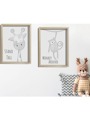 Dekor Loft Doğal Çam Çerçeveli Bebek ve Çocuk Odası Duvar Tablosu Zürafa ve Maymun