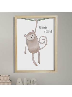 Dekor Loft Doğal Çam Çerçeveli Bebek ve Çocuk Odası Duvar Tablosu Etrafta Maymun Var