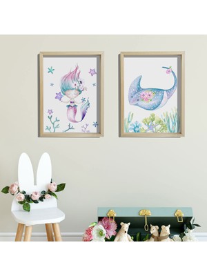 Dekor Loft Doğal Çam Çerçeveli Bebek ve Çocuk Odası Duvar Tablosu Çiçekli Denizkızı ve Vatos Balığı