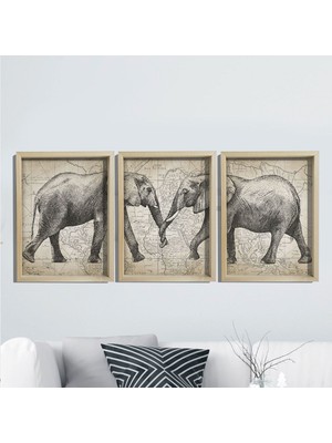 Dekor Loft Doğal Çam Çerçeveli Duvar Tablosu Antik Fil ve Harita Sanatı