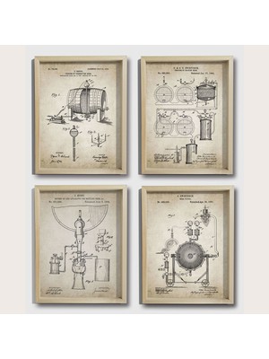 DekorLoft Doğal Çam Çerçeveli Duvar Tablosu Bira Mahseni Patent Seti 1884 Yılı