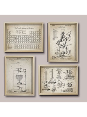 Dekor Loft Doğal Çam Çerçeveli Duvar Tablosu Antik Bilim 4 Lü Set