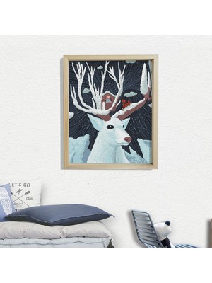 Dekor Loft Doğal Çam Çerçeveli Bebek ve Çocuk Odası Duvar Tablosu Karlı Geyik