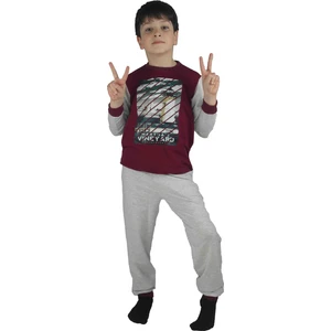 Erkek Garson Baskılı Bordo Pamuklu Eşofman Takımı