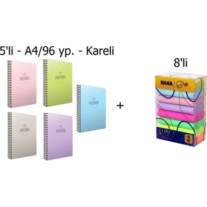 A4 Pastoral Spiralli Pp Kapak Kareli Defter 5'li + Silka Pastel Silgi 8'li