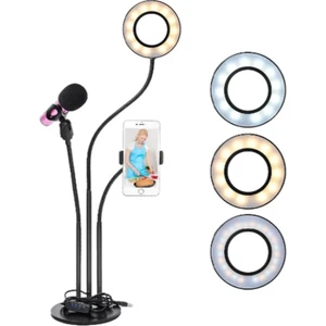 LED Selfie Tripod -3in1- Telefon ve Mikrofon Tutuculu Canlı Yayın Işığı 3" Halka 70 cm