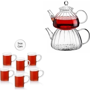 Borasilikat Cam Çaydanlık Ve 6 Adet Borasilikat Kupa Bardak Takımı