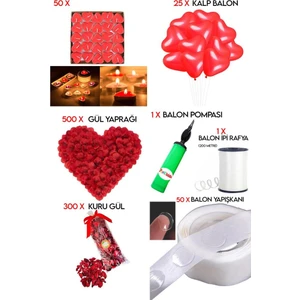 Beysüs 50 Kalp Mum 25 Kalp Balon 500 Gül Yaprağı 300 Kuru Gül 1 Balon Pompası Evlilik Teklifi Paket Set