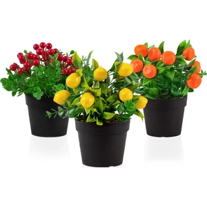 3’lü Set Siyah Mini Plastik Saksıda Yapay Kokina, Limon ve Mandalina Çiçeği
