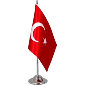 Bayrak Online Türk Masa Bayrağı 15x22,5 cm Tekli Direkli Kırmızı Çiftkat Saten Kumaş