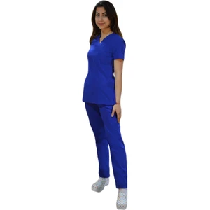 Emel Tekstil Doktor Hemşire Likralı Terrycoton Saks Mavisi V Yaka Forma Takım
