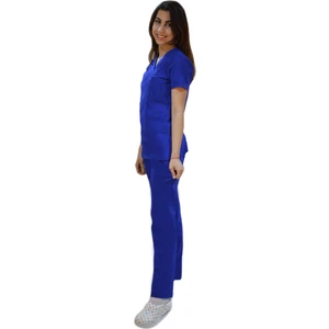 Emel Tekstil Doktor Hemşire Likralı Terrycoton Saks Mavisi V Yaka Forma Takım