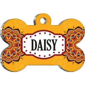 Pet Tag Art Mandala Turuncu Desenli Kemik Kedi Köpek Künyesi