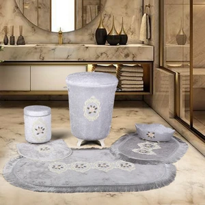 Bonny Home Shems Gri 6 Prç Dantelli Banyo Kirli Çamaşır Sepeti Seti + Banyo Paspası Seti