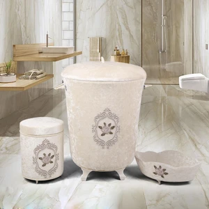 Bonny Home Shems Vizon 3'lü Kadife Çeyizlik Dantelli Banyo Kirli Çamaşır Sepeti Seti