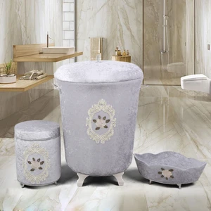 Bonny Home Shems Gri 3'lü Kadife Dantelli Kirli Çamaşır Sepeti Seti 70 Litre Kapasiteli