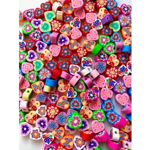 Hedef Bijuteri 10 mm Polimer Kil Fimo Karışık Renkli Kalp Model Boncuk 50 Adet