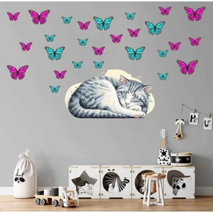 Kt Decoration Uyuyan Kedi ve 3D Kelebekler Çocuk Odası Duvar Sticker Seti