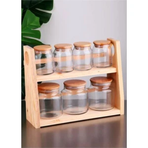 Ahşap Standlı Bambu Vakum Kapaklı Borosilikat Cam 8 Parça Baharat Takımı Baharatlık Seti