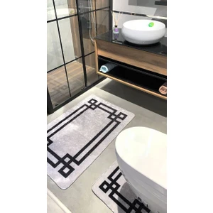 Siyah Modern Çerçeve Desen Banyo Paspası 70X160 (70X110-70X50 İkili Takım)