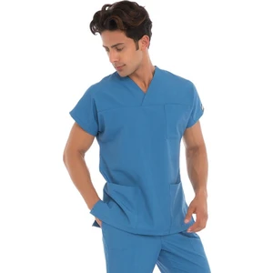 Erkek Doktor Hemşire Forması Scrubs Terikoton Ince Kumaş Hastane Nöbet Tek Üst (Zarf Yaka Yarasa)