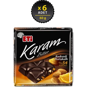 Karam %54 Kakaolu Bademli Portakallı Bitter Çikolata 60 g x 6 Adet