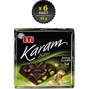 Karam %54 Kakaolu Antep Fıstıklı Bitter Çikolata 60 g x 6 Adet