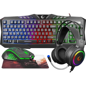 KM-404 Argentı Rainbow Aydınlatmalı USB Gaming Combo Q Klavye + Kulaklık + Mouse + Mousepad