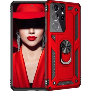Samsung Galaxy S21 Ultra 5G Kılıf Tank Koruma Vega Standlı Yüzüklü Mıknatıslı Kırmızı
