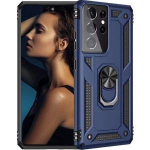 Samsung Galaxy S21 Ultra 5G Kılıf Tank Koruma Vega Standlı Yüzüklü Mıknatıslı Lacivert