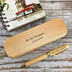 Hediye Rengi İsme Özel Ahşap Kutulu Ahşap Tükenmez Kalem Seti Model 1