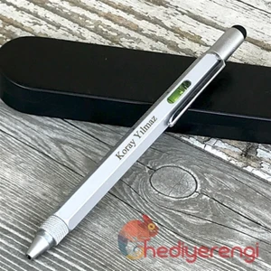 Hediye Rengi İsme Özel Cetvelli Su Terazili Tükenmez Kalem Ve Tablet Kalemi Gri